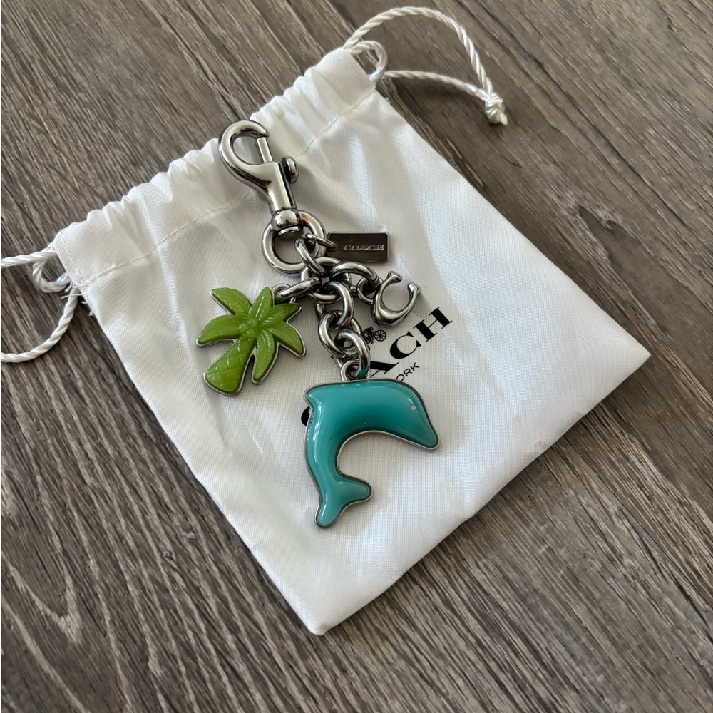 Coach Dolphin Palm Tree Cluster Silver Bag Charm Keychain - Picture 3 of 5